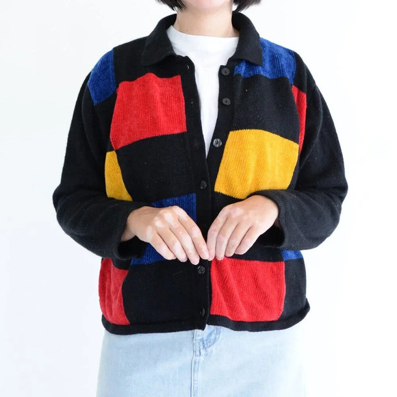 Vintage  Liz Claiborne Black Primary Color Colorblock Button Cardigan Sweater XL - Picture 2 of 12